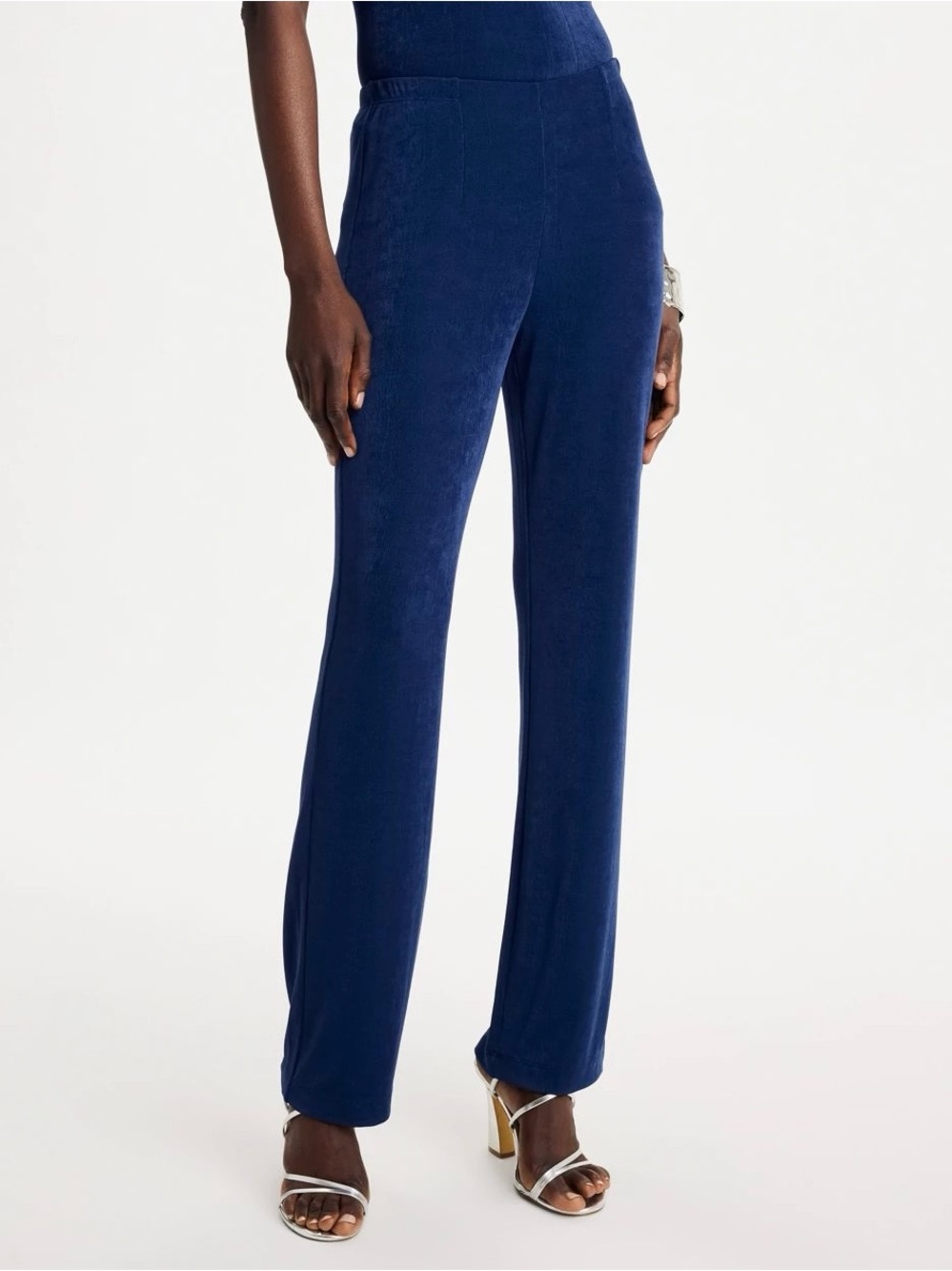 CHICO’S Easywear Flowy Deep Navy Blue Ribbed Wide-Leg Pull-On Pants — #LHP